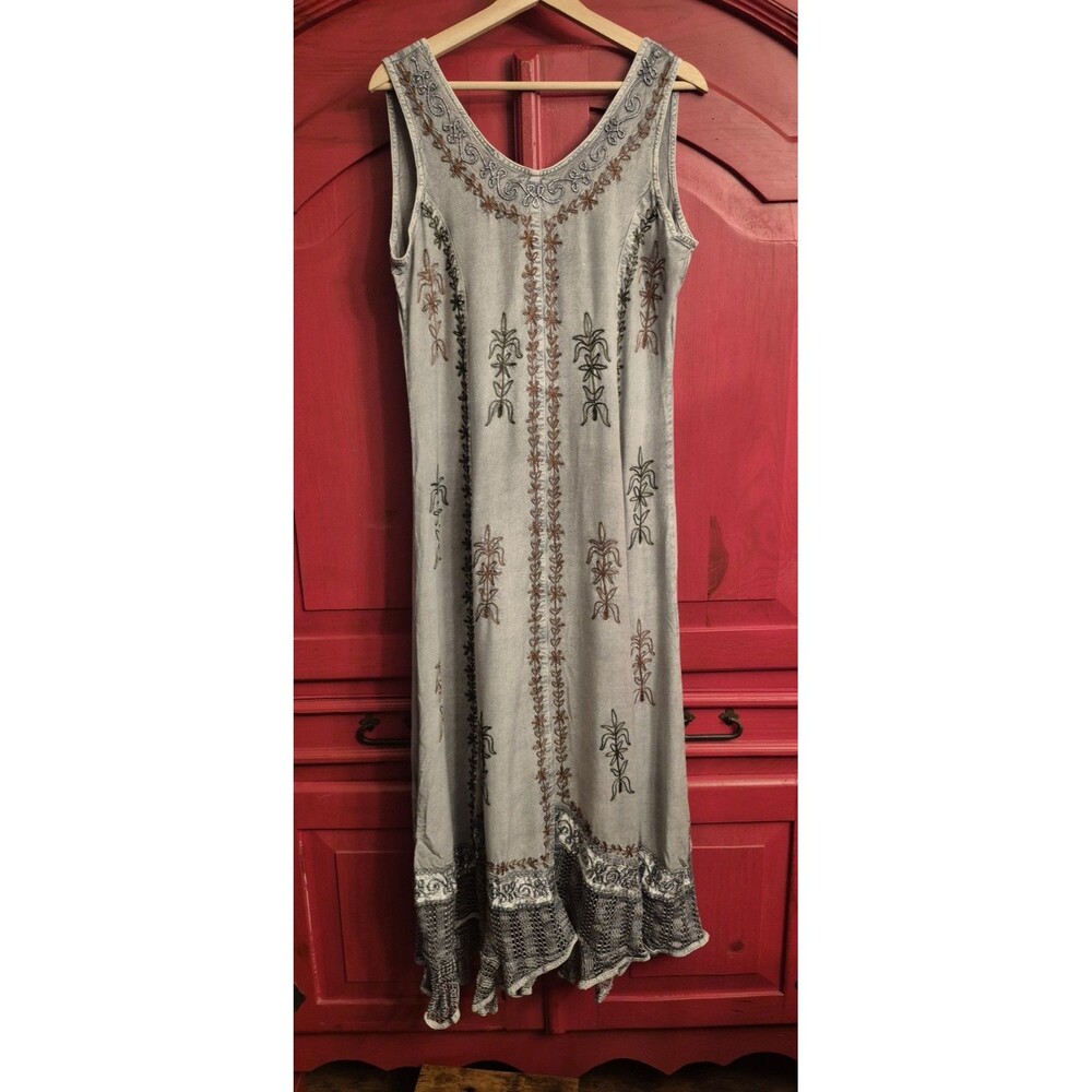 VTG NWT Magic One Size Gray Boho Dress Midi Whimsigoth Floral Embroider Crochet